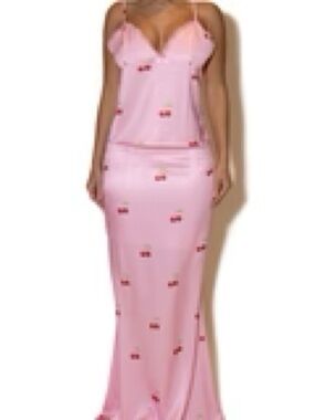 Pink Cherry-Print Satin Maxi Skirt & Tank with Adjustable Straps